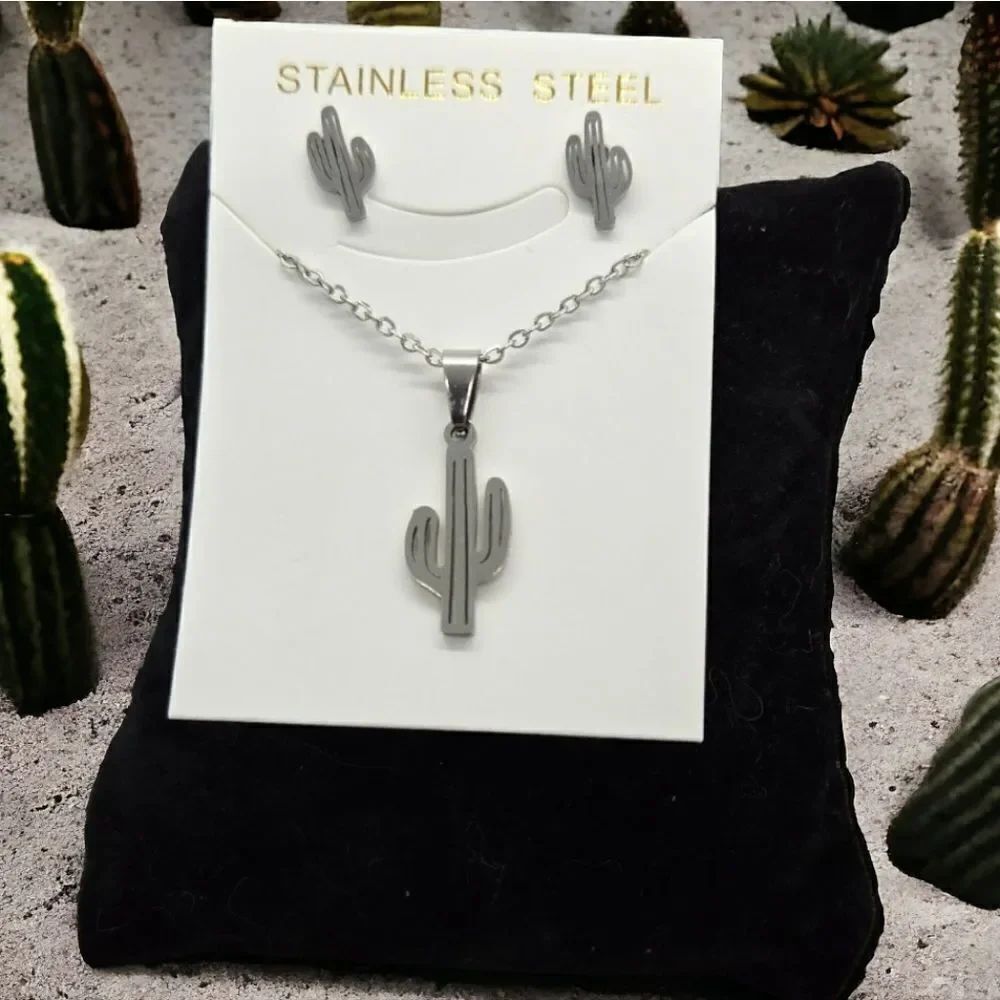 Cactus Stainless Steel 3pc Jewelry Set Matching Necklace Mini Stud Earrings New